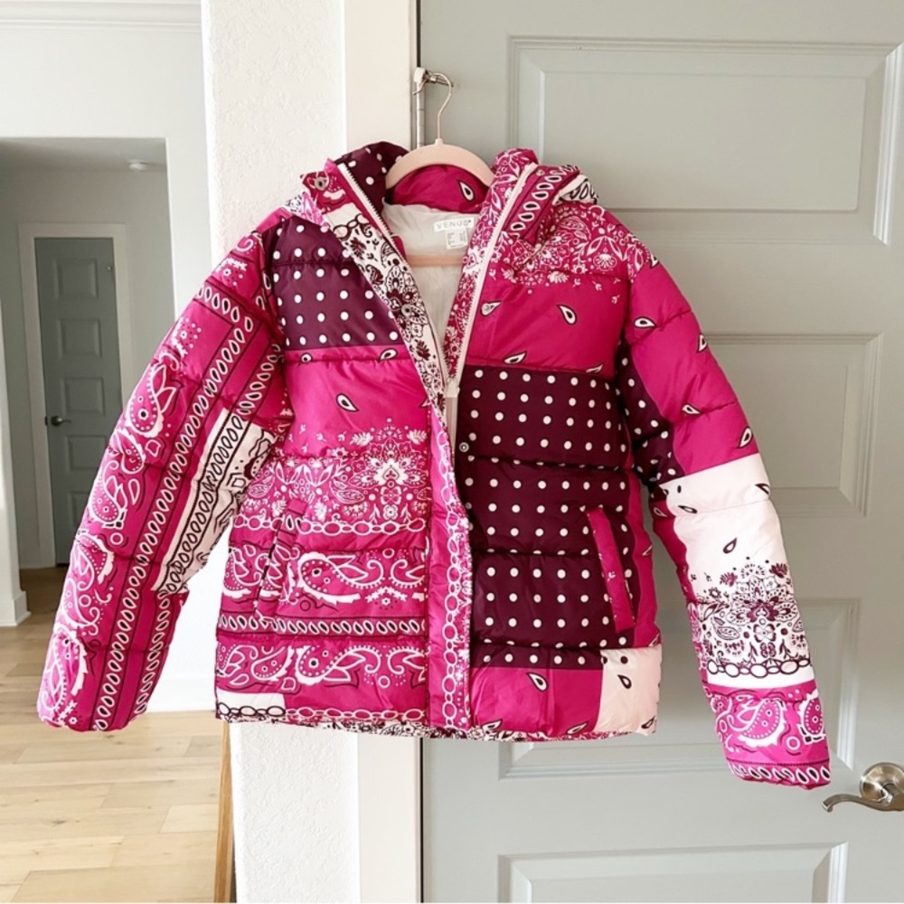 New! Rare Puffy Coat Pink Paisley Color Block